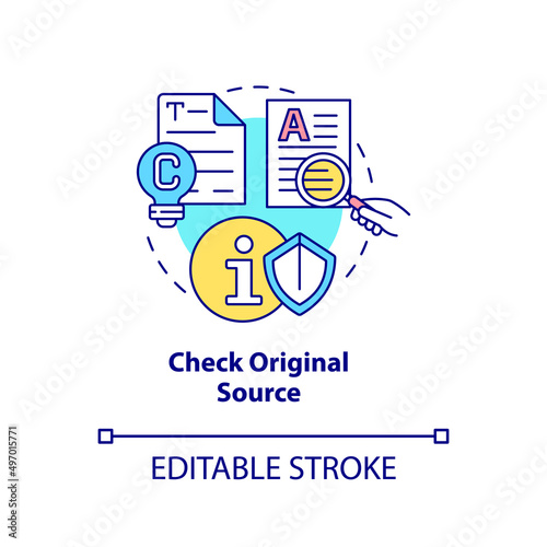 Check original source concept icon. Verified source. Fighting misinformation abstract idea thin line illustration. Isolated outline drawing. Editable stroke. Arial, Myriad Pro-Bold fonts used