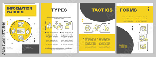 Information warfare guideline yellow brochure template. Leaflet design with linear icons. 4 vector layouts for presentation, annual reports. Arial-Black, Myriad Pro-Regular fonts used
