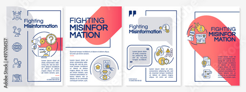 Fighting misinformation red and grey brochure template. Information warfare. Leaflet design with linear icons. 4 vector layouts for presentation, annual reports. Questrial, Lato-Regular fonts used