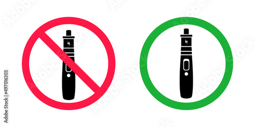 No vaping and vaping area signs. Red forbidden and green allowed circles signs icon isolated on white background vector illustration. Vape and smoke prohibition and green access circles set.