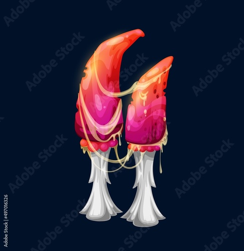 Fantasy magic toxic red mushroom. Fairy flora or fauna, cartoon vector fairytale plant game user interface icon. Alien planet live organism, fairy forest mushroom or with sharp cap, stud and slime