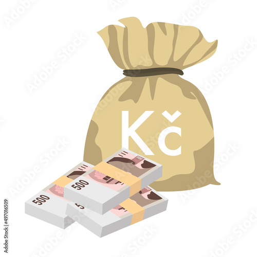 Czech Koruna Vector Illustration. Czech Republic money set bundle banknotes. Money bag 500 CZK. Flat style. Isolated on white background. Simple minimal design.