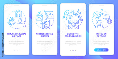 Disadvantages of remote work blue gradient onboarding mobile app screen. Walkthrough 4 steps graphic instructions pages with linear concepts. UI, UX, GUI template. Myriad Pro-Bold, Regular fonts used