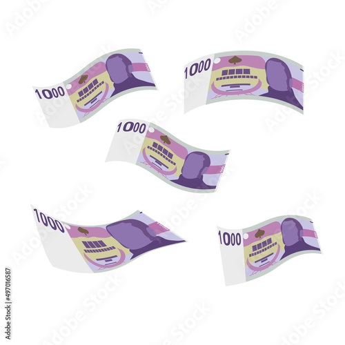 Czech Koruna Vector Illustration. Czech Republic money set bundle banknotes. Falling, flying money 1000 CZK. Flat style. Isolated on white background. Simple minimal design.