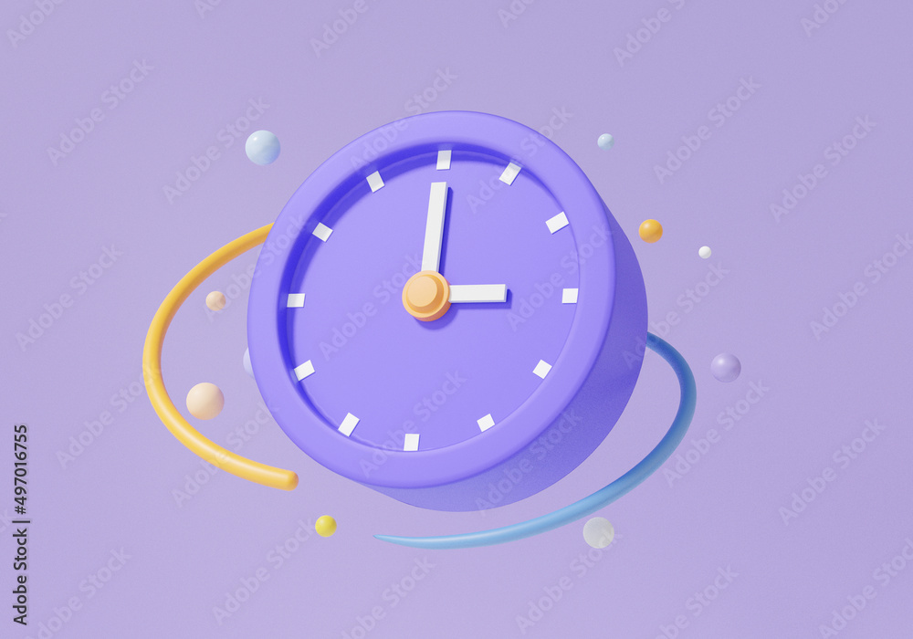 Purple clock icon analog telling time Pointer 3 o'clock floating on
