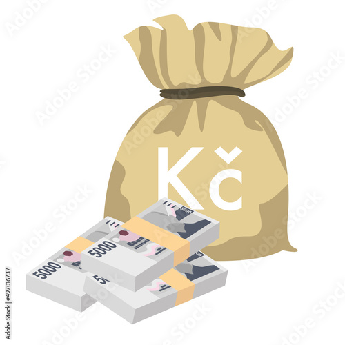 Czech Koruna Vector Illustration. Czech Republic money set bundle banknotes. Money bag 5000 CZK. Flat style. Isolated on white background. Simple minimal design.