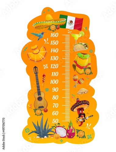Kids height chart, growth meter. Cartoon scale for children height measurement. Vector scale with mexican mariachi pepper playing on guitar, sombrero, poncho, clothes and tacos, maracas and agave