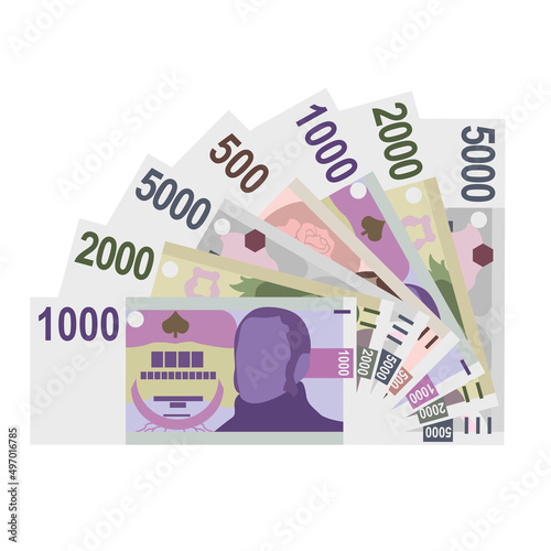 Czech Koruna Vector Illustration. Czech Republic money set bundle banknotes. Paper money 500, 1000, 2000, 5000 CZK. Flat style. Isolated on white background. Simple minimal design.