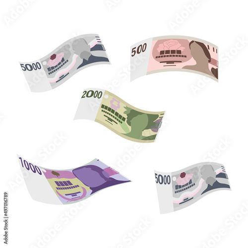 Czech Koruna Vector Illustration. Czech Republic money set bundle banknotes. Falling, flying money 500, 1000, 2000, 5000 CZK. Flat style. Isolated on white background. Simple minimal design.