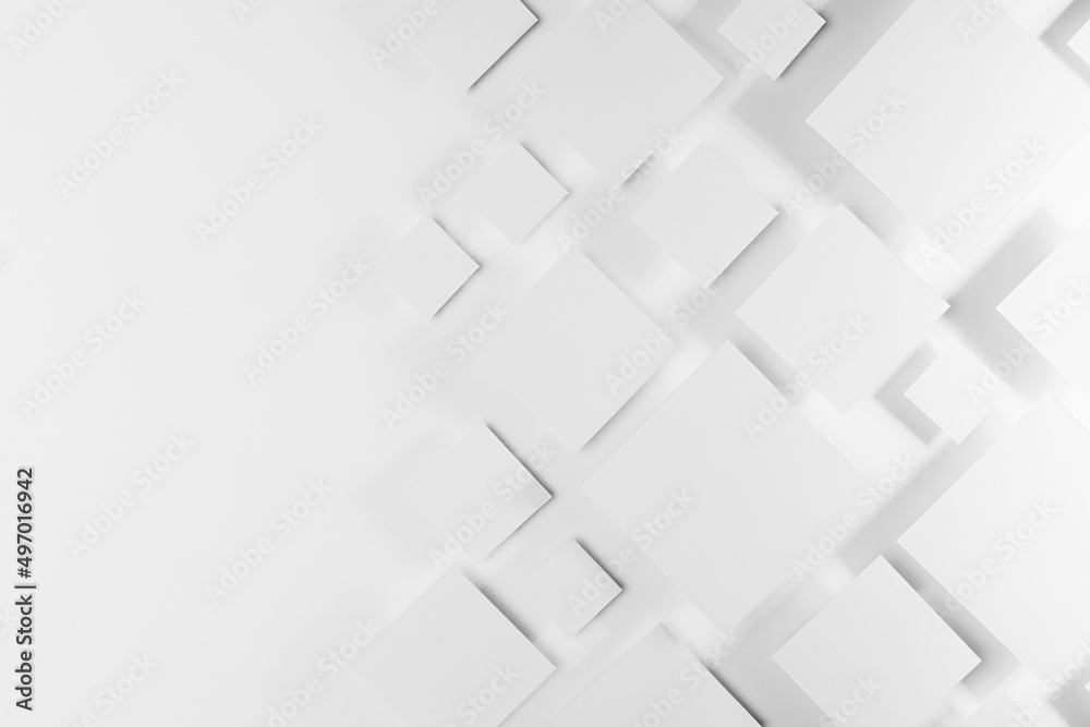 White geometric abstract background with rhombus in sunlight with strict light gradient grey shadows as border, copy space, top view. Simple contemporary backdrop in future style. - obrazy, fototapety, plakaty 