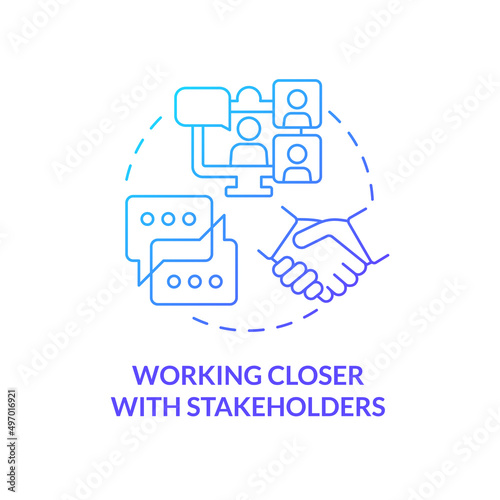 Working closer with stakeholders blue gradient concept icon. Advantage of online collaboration abstract idea thin line illustration. Isolated outline drawing. Myriad Pro-Bold font used
