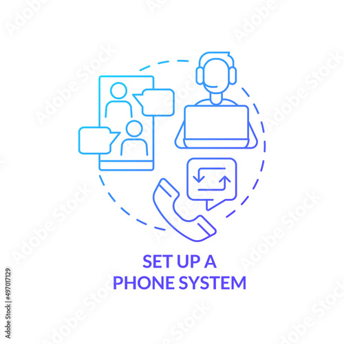 Set up phone system blue gradient concept icon. Online workplace tool. Step to start virtual office abstract idea thin line illustration. Isolated outline drawing. Myriad Pro-Bold font used