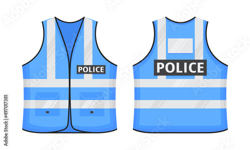Safety reflective vest with label POLICE tag flat style design vector illustration set. Blue fluorescent security safety work jacket with reflective stripes. Front and back view uniform vest.