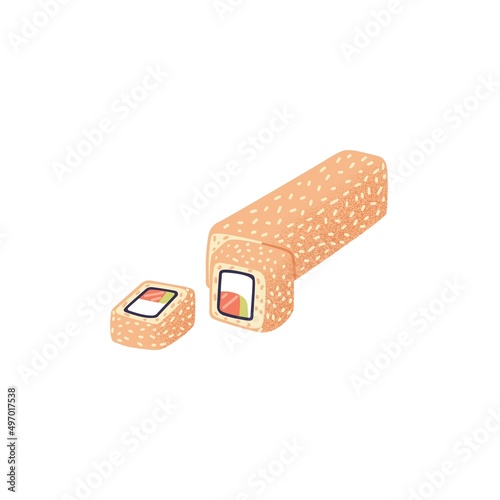 Cut pieces of sushi roll with rice, salmon, cheese, avocado and sesame seeds. Asian sea food with nori and red fish. Japanese maki in west style. Flat vector illustration isolated on white background