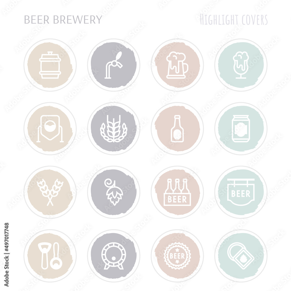 Beer brewery thin line icons set: manufacturing, craft, tap, mug, tulip pint, wheat, hop, bottle opener, barrel. Highlights for stories. Vector illustration for bar or restaurant.