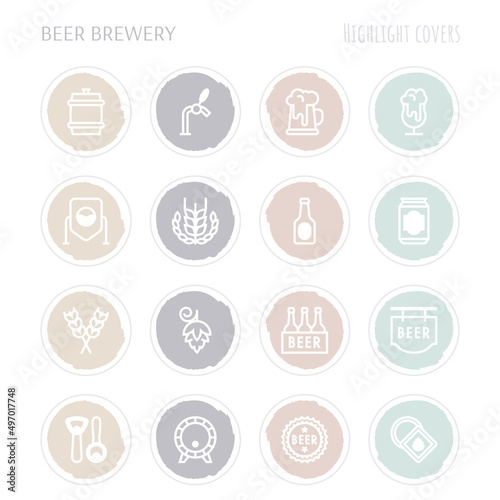 Beer brewery thin line icons set: manufacturing, craft, tap, mug, tulip pint, wheat, hop, bottle opener, barrel. Highlights for stories. Vector illustration for bar or restaurant.