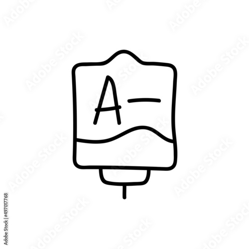 Blood bag with plasma. Doodle thin line icon. Blood donation. Blood type A-. Vector illustration.