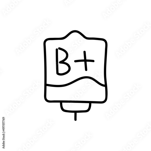 Blood bag with plasma. Doodle thin line icon. Blood donation. Blood type B+. Vector illustration.