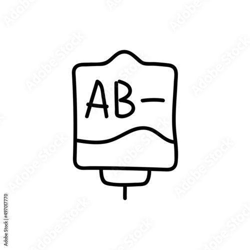 Blood bag with plasma. Doodle thin line icon. Blood donation. Blood type AB-. Vector illustration.