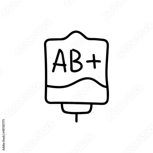 Blood bag with plasma. Doodle thin line icon. Blood donation. Blood type AB+. Vector illustration.