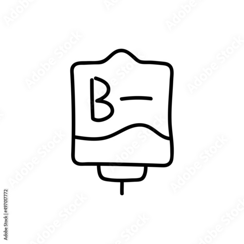 Blood bag with plasma. Doodle thin line icon. Blood donation. Blood type B-. Vector illustration.