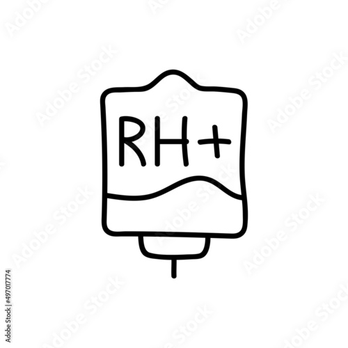Blood bag with plasma. Doodle thin line icon. Blood donation. Blood type RH+. Vector illustration.