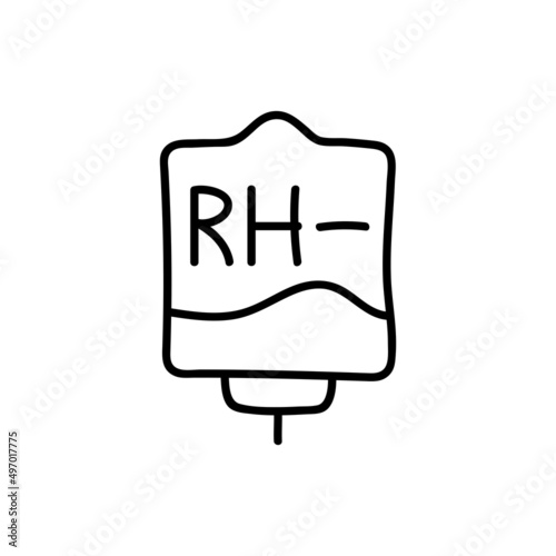 Blood bag with plasma. Doodle thin line icon. Blood donation. Blood type RH-. Vector illustration.