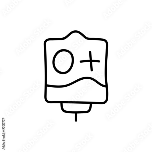 Blood bag with plasma. Doodle thin line icon. Blood donation. Blood type O+. Vector illustration.