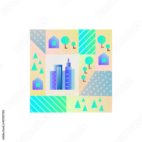 Global land use gradient flat icon. Deforestation, agriculture, industrial damage, livestock, overpopulated cities. Vector illustration.