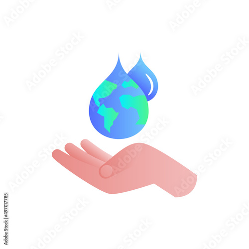 Water consumption concept, water droplet with planet Earth inside falling in human hand. Gradient flat icon. Save the water, conscious resource consumption. Vector illustration.