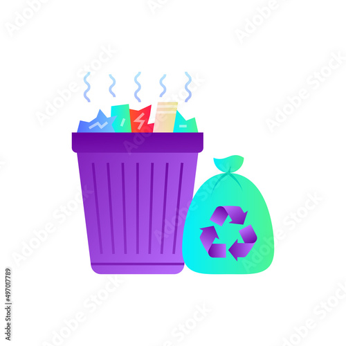 Overloaded trashcan with sign recycle gradient flat icon. Excess garbage, overconsumption. Vector illustration.