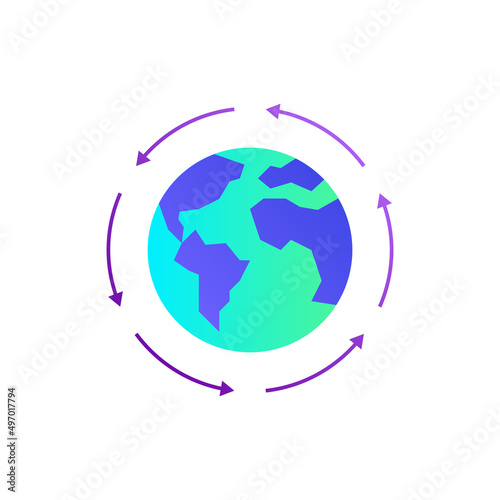 Globalization, arrows around the planet. Gradient flat icon. International business, worldwide distribution, logistic transportation. Overconsumption. Vector illustration.