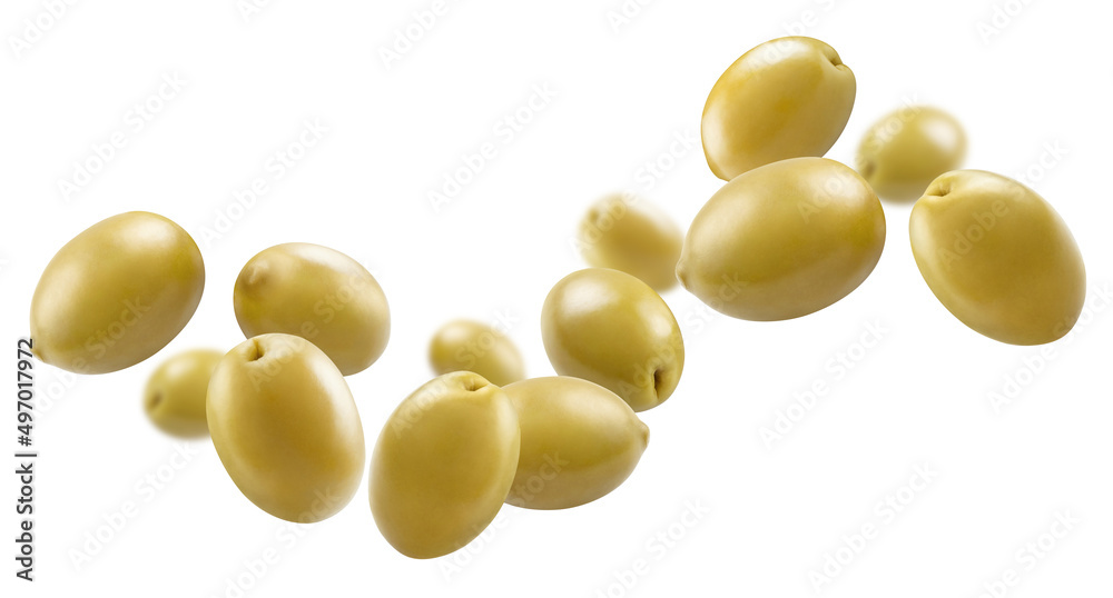Flying green olives, isolated on white background Flying green olives, isolated on white background