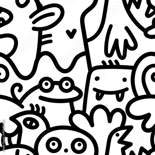 Seamless pattern with cute cartoon creatures on white background. Funny cartoon animals print. Doodle monster poster.