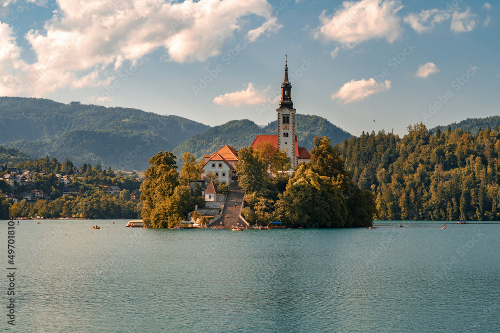 Lake Bled and Historic church located in a calm, picturesque setting on an island accessible by boat.