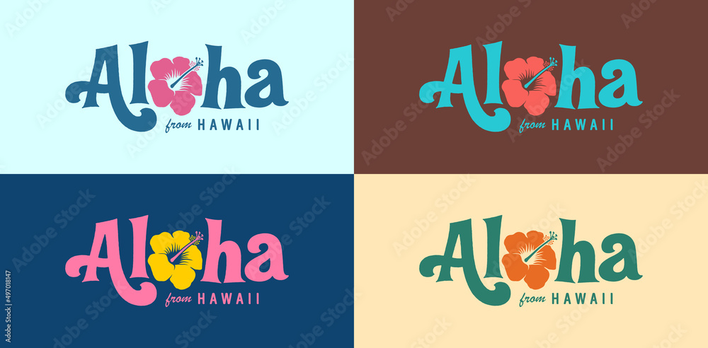 Vintage style Aloha From Hawaii logo set for t-shirts, sweaters and hoodies. Also useful for greeting cards, invitations and posters. Vector EPS10. - obrazy, fototapety, plakaty 