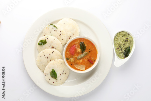 Rava Idly sambar or Idli with Sambhar and green, Popular South Indian breakfast