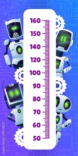 Kids height chart with cartoon robots, androids and cyborgs. Growth measure meter vector ruler or stadiometer with scale in frame of funny ai robot characters and gears, height chart wall sticker