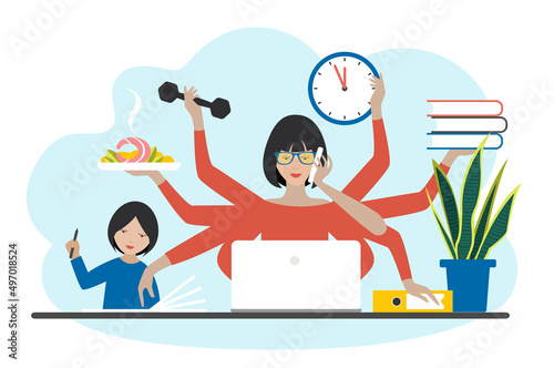 Multitask woman. Mother, businesswoman with child, working, coocking and calling. Flat vector. photo
