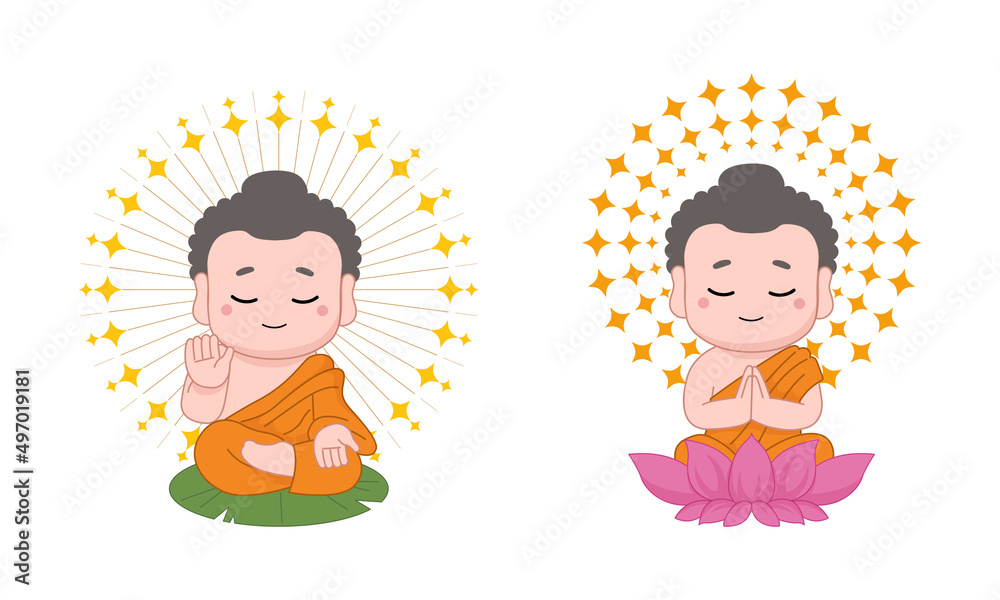 Cute little Buddha sitting in meditation pose. Flat vector cartoon design Cute little Buddha sitting in meditation pose. Flat vector cartoon design