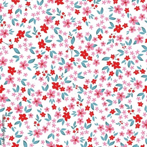 Seamless vintage pattern. pink and red flowers, blue leaves. white background. vector texture. fashionable print for textiles, wallpaper and packaging.