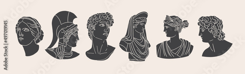 Set of classical mythological sculptures. David, Venus, Aphrodite, Apollo in black engraving style. Ancient Greek gods for design of clothes, posters, bag shoppers, invitations.