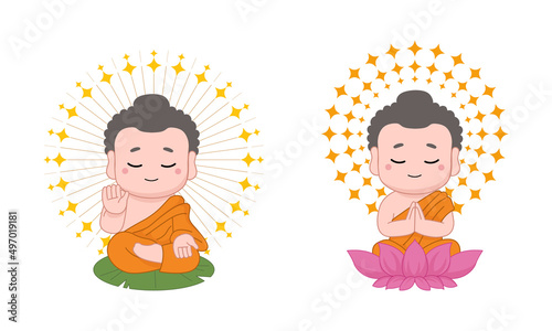 Cute little Buddha sitting in meditation pose. Flat vector cartoon design