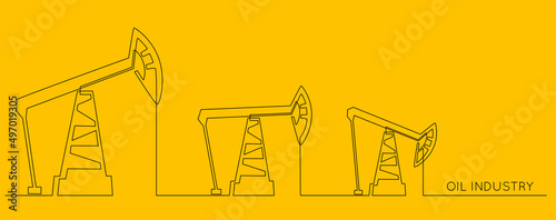 Oil pumps jacks of One continuous line drawing. Pump stations and derrick petroleum production and trade industry in simple linear style on yellow background. Editable stroke. Vector illustration