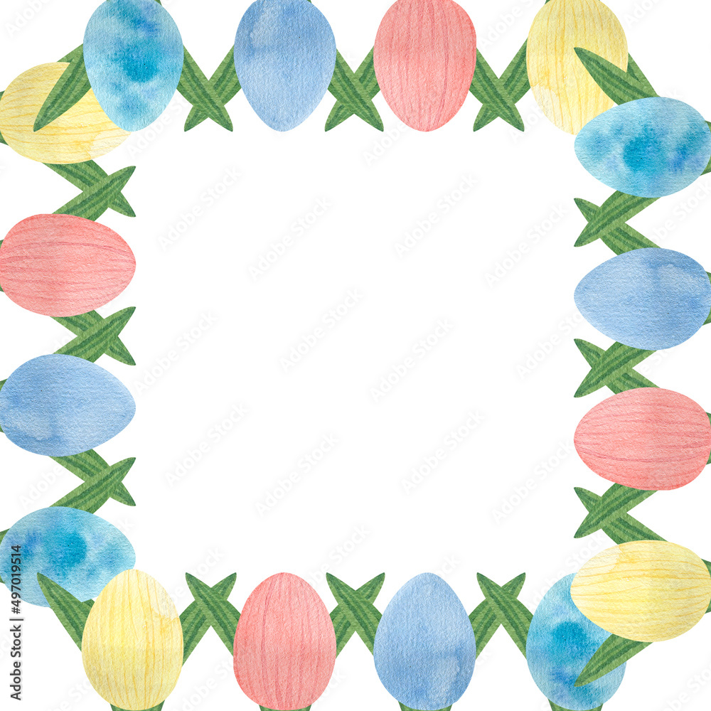 Easter watercolor square frame with eggs and leaves. Easter watercolor square frame with eggs and leaves.