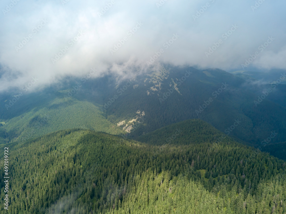 Green mountains of Ukrainian Carpathians in summer. Sunny day, rare clouds. Aerial drone view. Green mountains of Ukrainian Carpathians in summer. Sunny day, rare clouds. Aerial drone view.