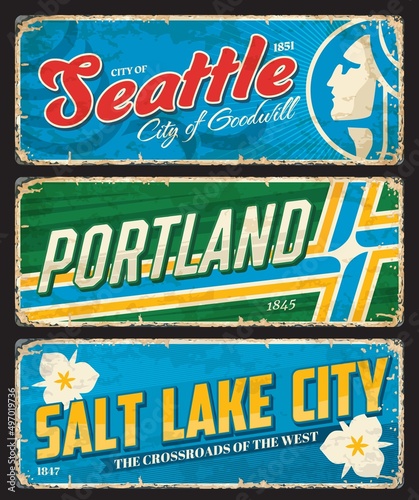 Seattle, Portland and Salt Lake City american cities plates and travel stickers. United States of America city vintage grungy tin signs, USA travel vector plate or banner with seals and flags symbols