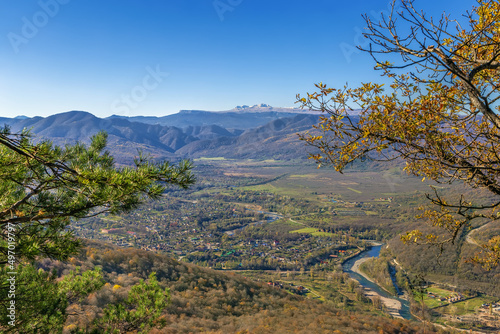 Aerial view of Dakhovskaya village, Adygea, Russia