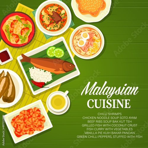 Malaysian cuisine menu cover template. Soto Ayam soup, grilled fish with coconut crust and fish curry, beef ribs soup Bak Kut Teh, chilli shrimps and peppers stuffed with fish, pie Kuih Bakar Pandan