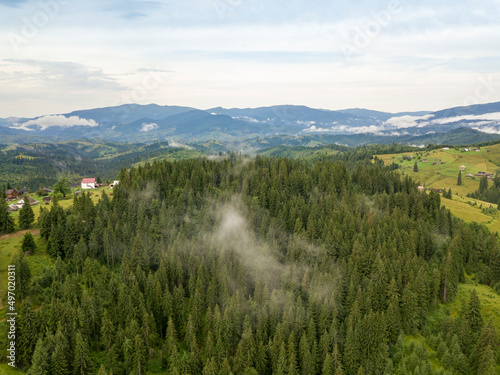 Ukrainian Carpathians mountains on a summer morning. Aerial drone view.